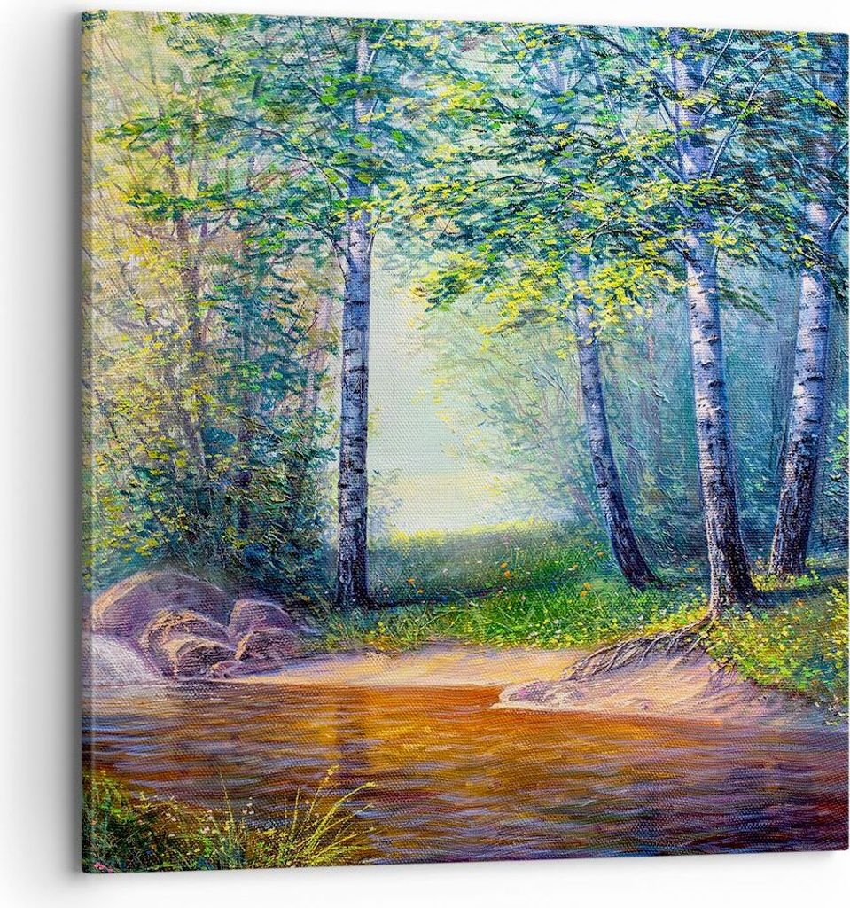 Bild auf Leinwand - Leinwandbild - Wiese Wasser Baum - 70x70cm - Wand Bild - Wanddeko - Wandbilder - Leinwanddruck - Bilder - Kunstdruck - Wanddeko...