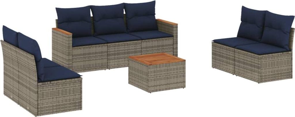8-teiliges Gartensofa-Set mit Kissen, grau, Polyrattan