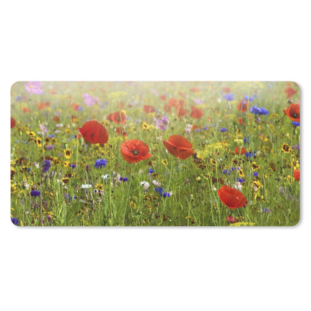 MuchoWow Schreibtischunterlage Frühling - Blumen - Rot - Mohn - Gras - Grün 80x40 cm - XXL Mauspad - Gaming Mauspad