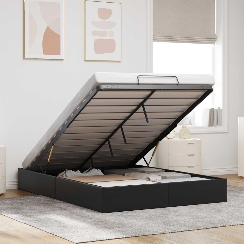 Möbel Ottoman Bettgestell Schwarz 152 x 203 cm Kunstleder - Klassische Betten CC246