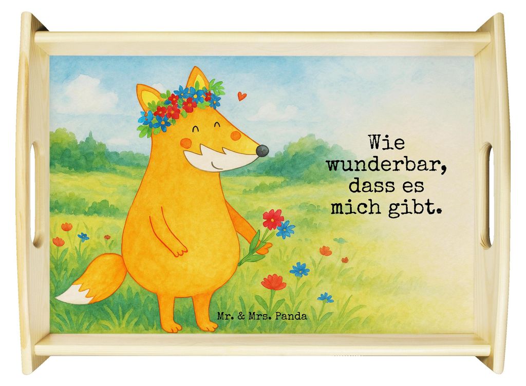 Mr. & Mrs. Panda Servier Tablett Fuchs Blumen Design - Weiß - Geschenk, Deko, Boho, für bett, Dekotablett, Serviertablett, Fox, Liebe, Sofa, Blum...