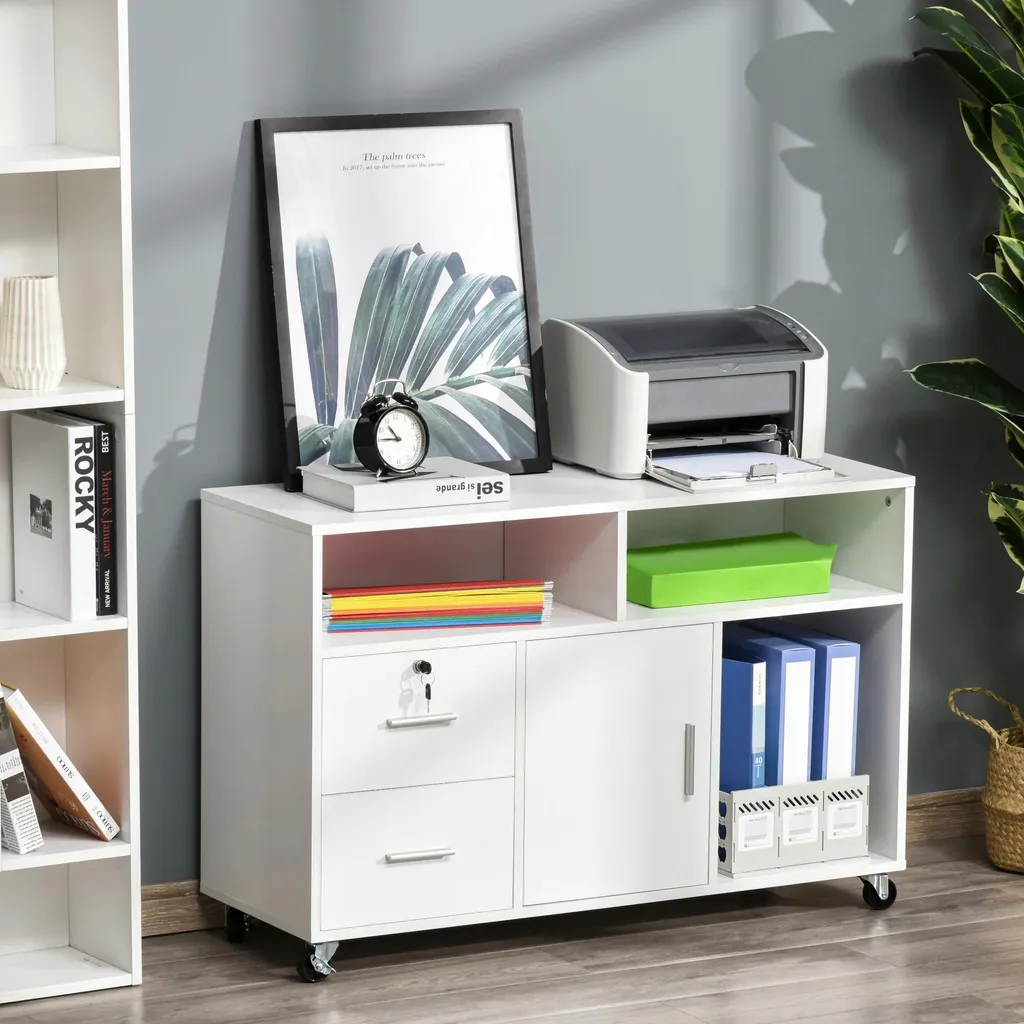 Armoire de bureau mobile 5 compartiments blanc avec tiroirs bois