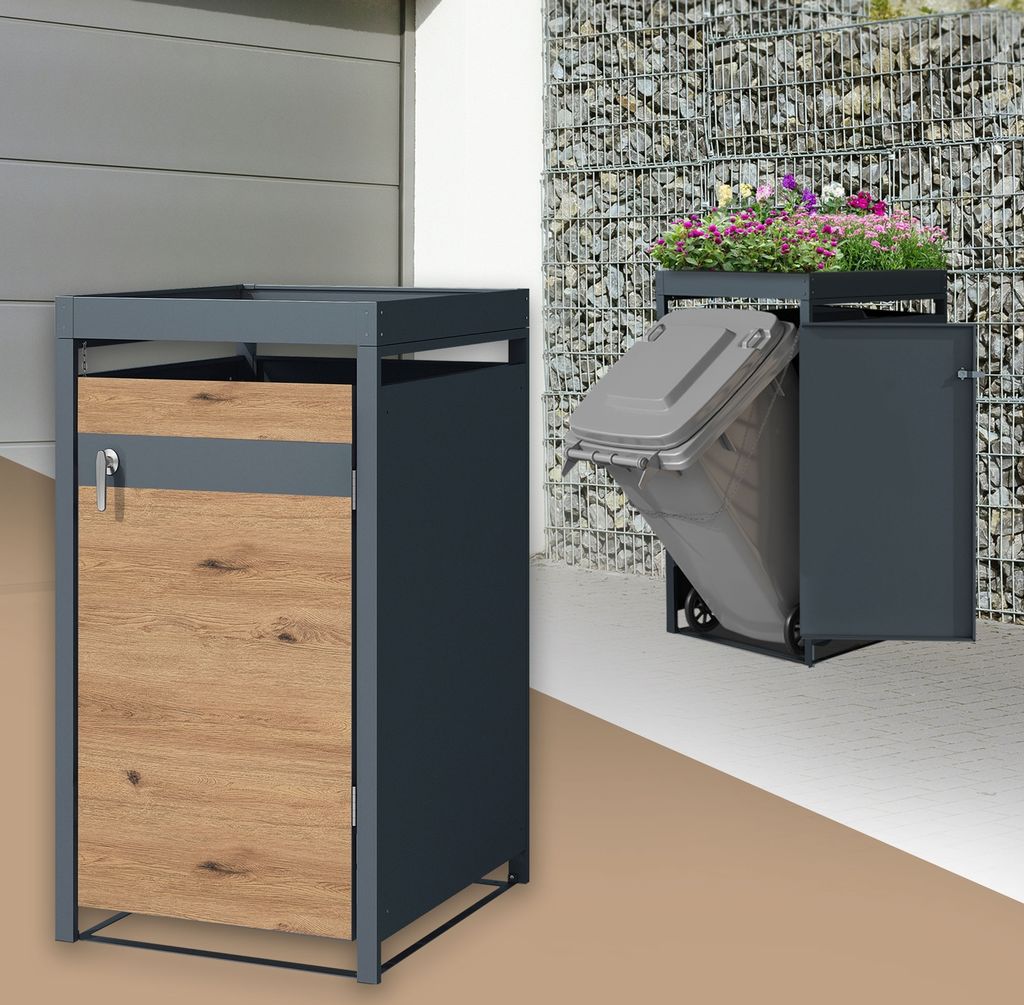 Two modern trash can enclosures are shown outdoors, one with a planter on top and a bin being emptied.