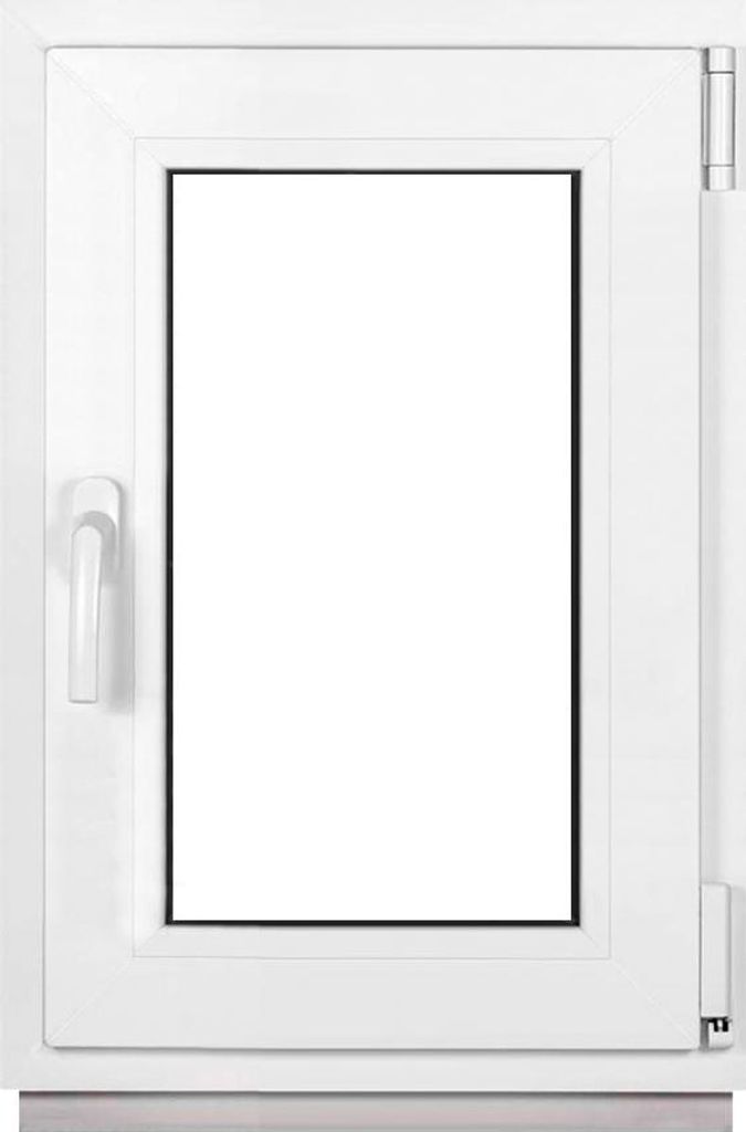 A white PVC window with a clear glass pane and a white handle.