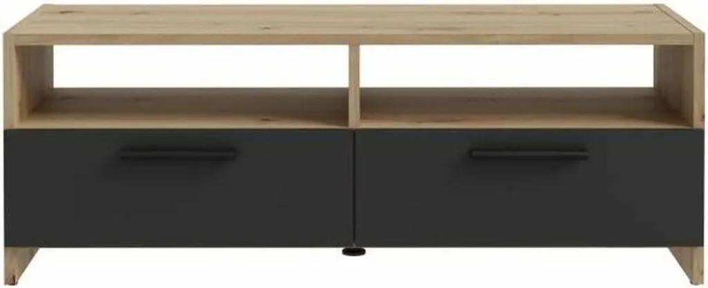 Banc TV bicolore bois et noir avec rangements fermés et niches de 95 cm