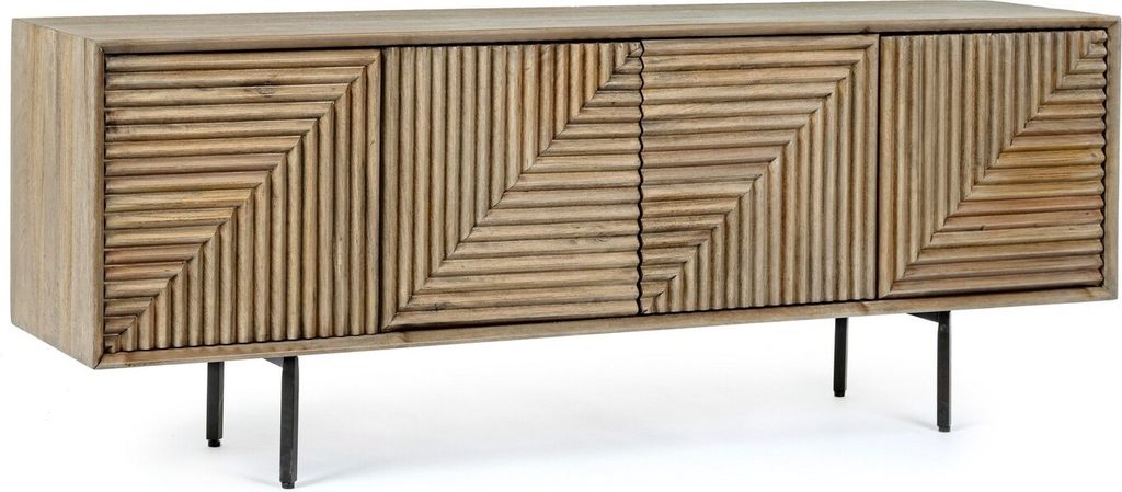 TV-Board Darsey 140x32,5x53cm Mango-Holz Natur 4-Türig mit geriffelter Front
