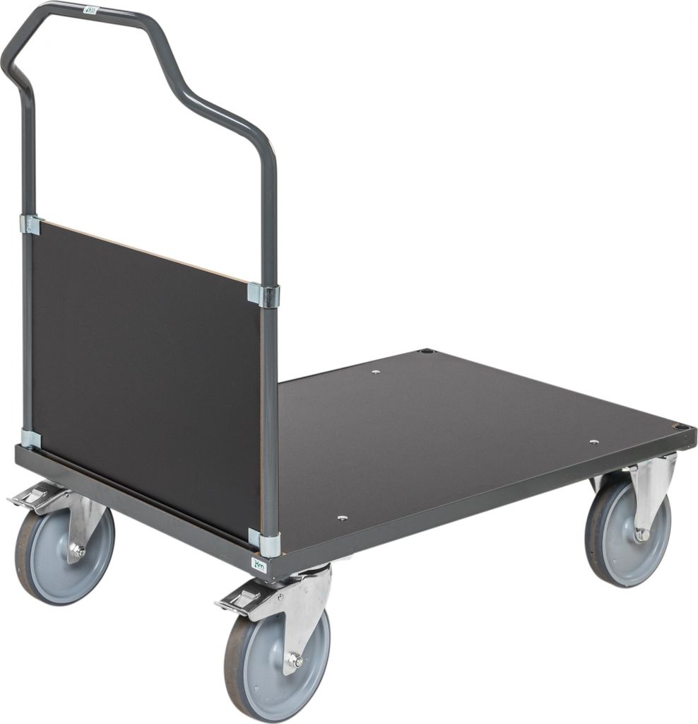 Kongamek ergonomischer Plattformwagen in dunkelgrau 1090x700x1065mm mit MDF-Platte und Schiebebügel mit Gummibereifung und Bremse