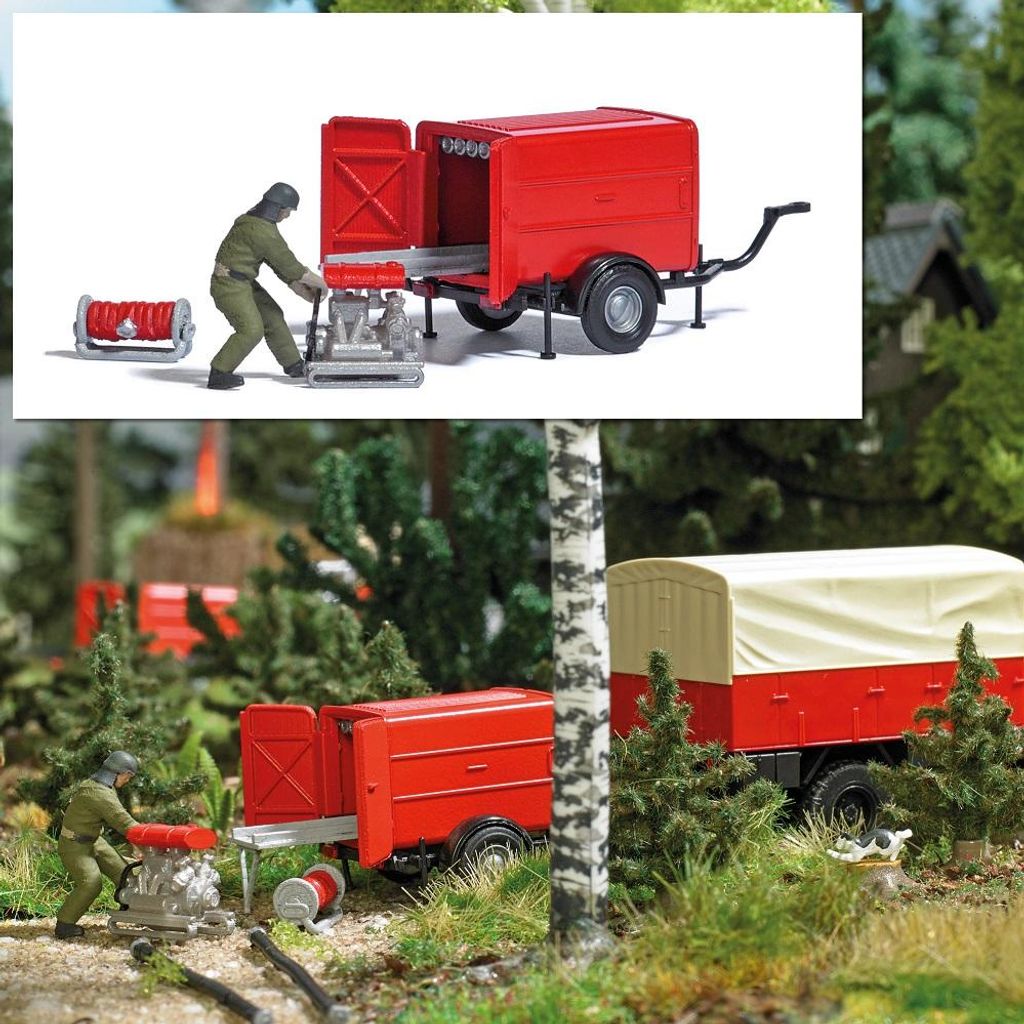 Busch 7962 - 1/87 / H0 Action-Set: Schlauchanhänger mit Tragkraftspritze - Neu