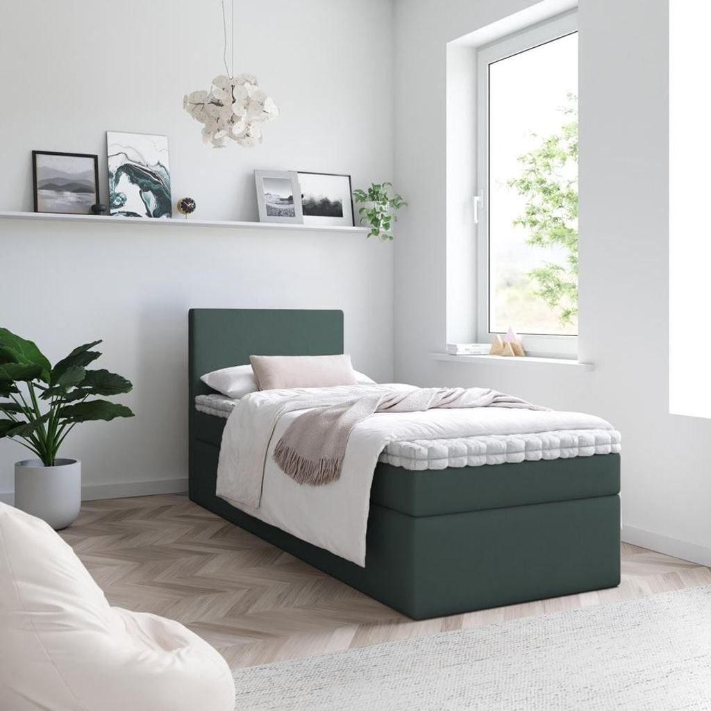 Bett Boxspringbett TOP MINI TOPPER VISCO , Bettkästen - Einzelbett, Stauraum, Schlafzimmer,Polsterbett (90x200, Grün - ITAKA 10)