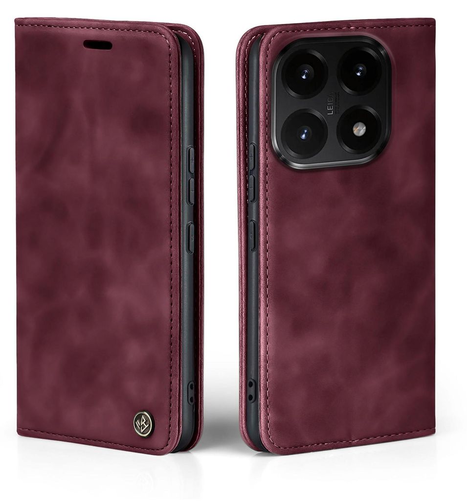 A burgundy flip-style phone case is shown from two angles.
