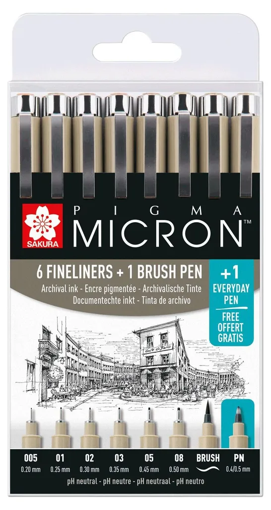Sakura Pigma Micron Lot de 7 Feutres de Précision Noir + 1 PN Offert