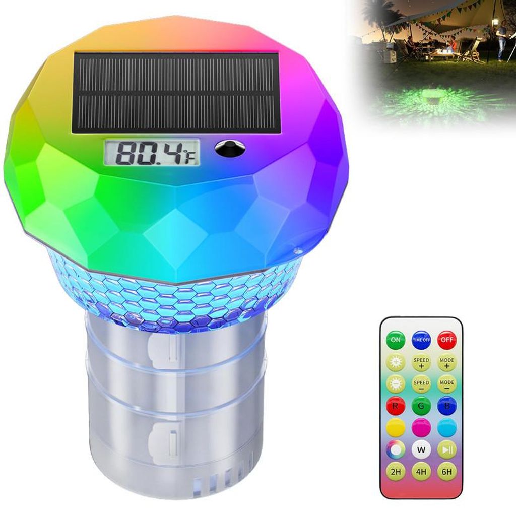 Solar Poolthermometer digital, schwimmend, mit Bildschirm, Timerfunktion und 8 dynamischen Lichteffekten, IP68