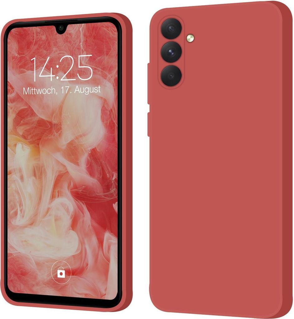 A product image showing a smartphone case in red, displayed from the front and back.