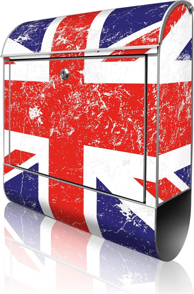 banjado Design Briefkasten Stahl silber mit Zeitungsfach pulverbeschichtet "Great Britain" 38x46x12,5cm & 2 Schlüssel - Postkasten A4 Einwurf inkl...