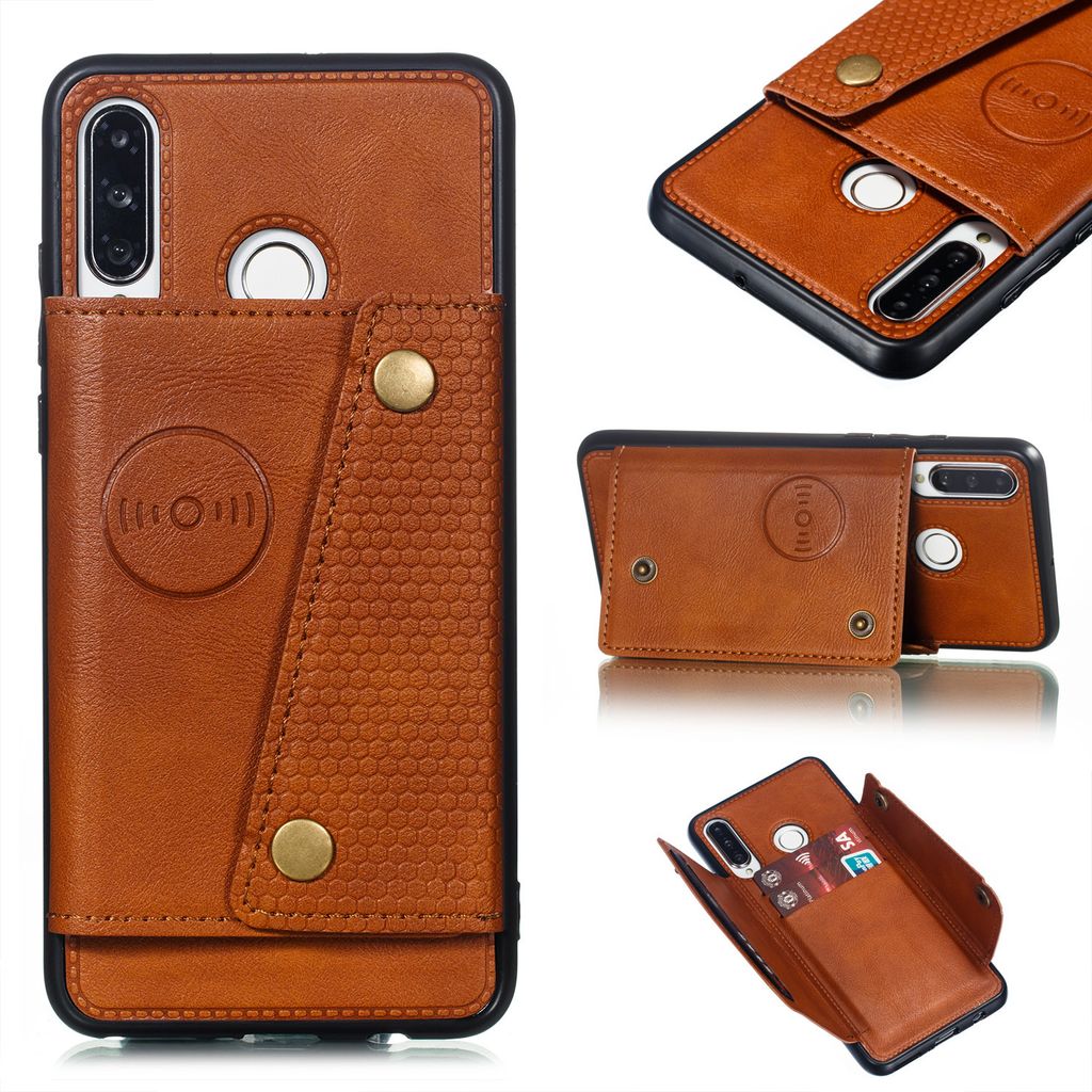 Für Huawei P30 lite/nova 4E Doppelte Schnalle rutschfest Handyhülle mit Karte Slot Bracket Licht Braun