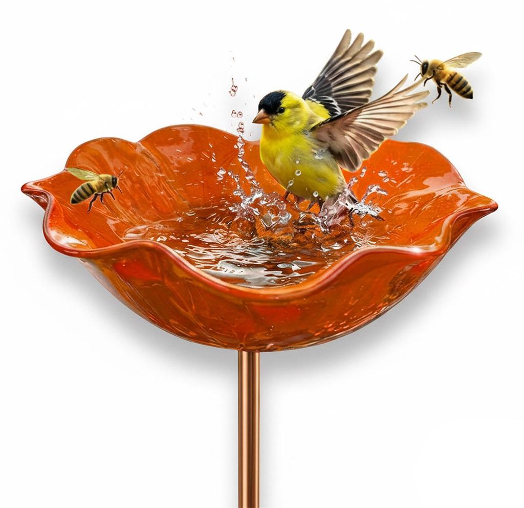 Bienen Tränke & Vogeltränke Garten, Metall Gartenstecker mit Erdspieß, wetterfest, ideal für Bestäuber, Vögel & Schmetterlinge-orange Farbe