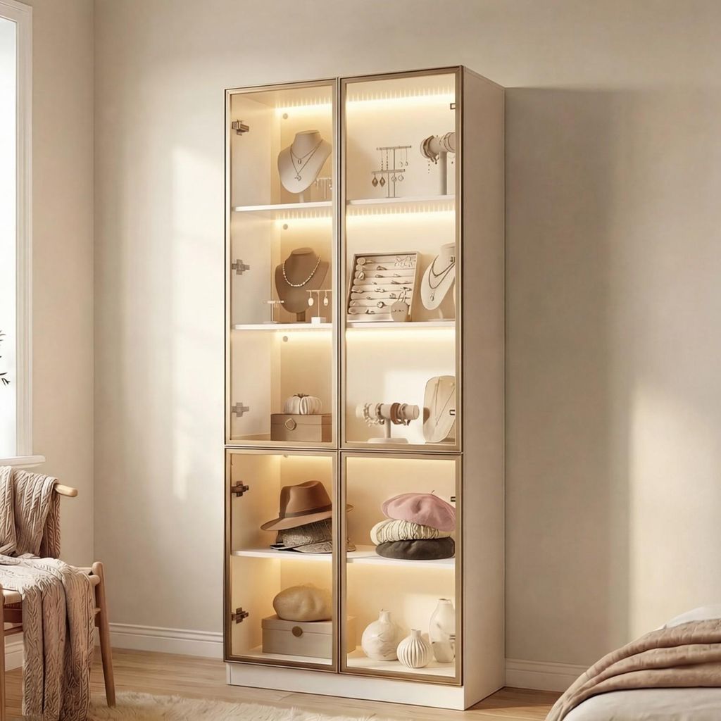 Weißer Vitrinenschrank mit 4 Glastüren 80x36x200cm, Goldene Produktbild 