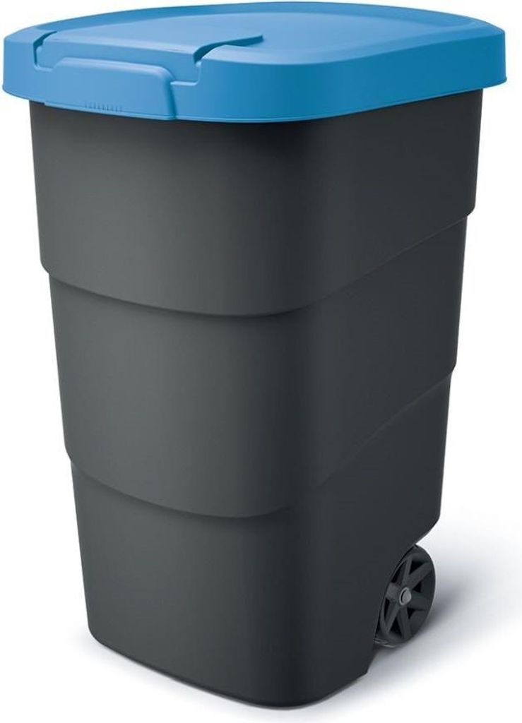 A dark gray trash bin with a blue lid and wheels, shown from a three-quarter angle against a white background.