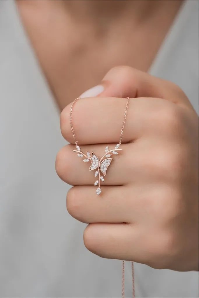 Collier papillon en argent massif 925 doré rose haute qualité pour elle