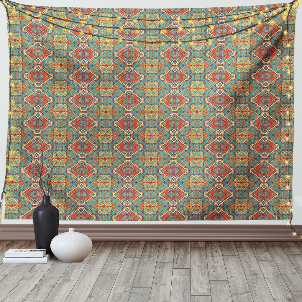 ABAKUHAUS Türkis Wandteppich, Ethnische Eingeborene, Wohnzimmer Schlafzimmer Heim Seidiges Satin Wandteppich, 200 x 150 cm, Türkis und Orange