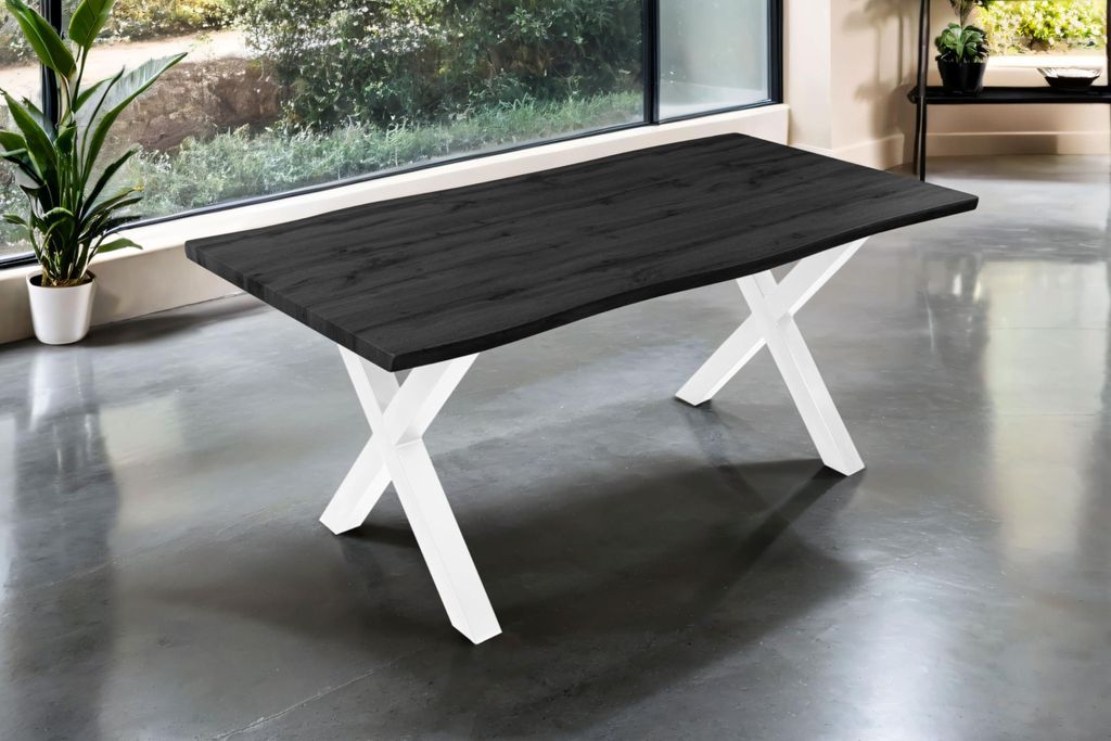 Esstisch Josy | 180 x 90 cm | Holz-Optik in Grau | X-Gestell Metall Weiß | 40 mm Tischplatte mit Baumkante | Tisch für Esszimmer & Küche