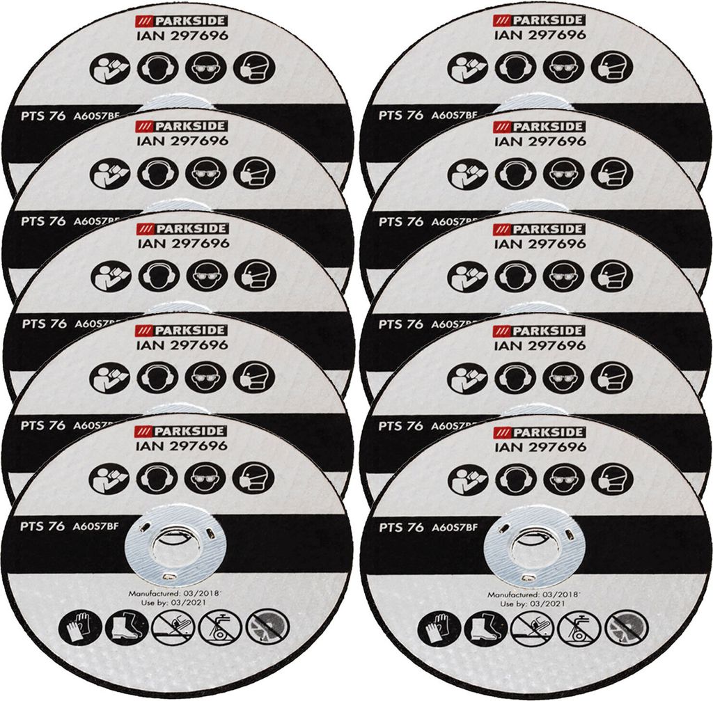 A stack of circular cutting discs for a grinder.