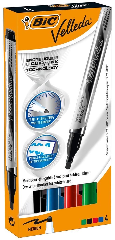 BIC VELLEDA - Marker - nicht dauerhaft - für Whiteboard - Schwarz, Rot, Blau, Grün - alkoholbasierte Tinte - 2.2 mm (Packung mit 4)
