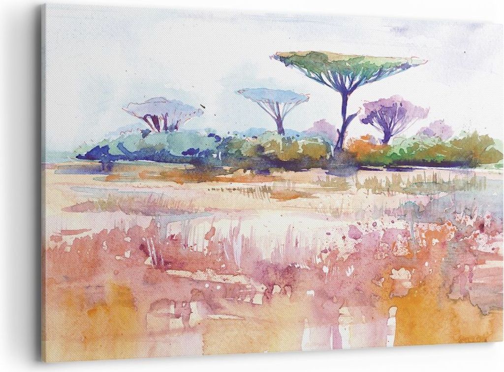 Bild auf Leinwand - Leinwandbild - Einteilig - Aquarell Savanne Bäume - 120x80cm - Wand Bild - Wanddeko - Wandbilder - Leinwanddruck - Bilder - Wa...