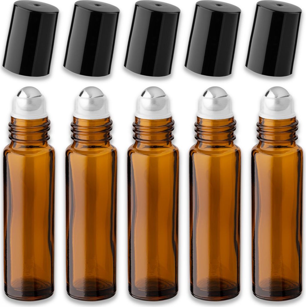 5x Braune Glasflasche 10 ml Roll-On mit schwarzem Produktbild 