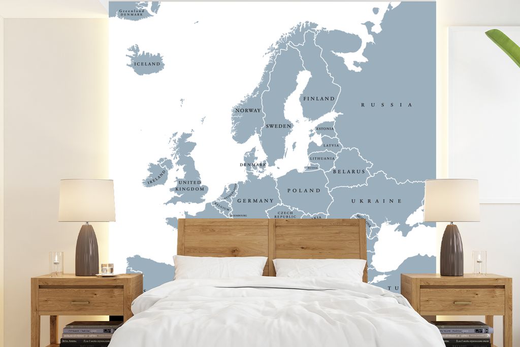 MuchoWow Fototapete für Wohnzimmer oder Schlafzimmer Wandtapete Vinyl Motivtapete Karte - Europa - Grau - 220x240 cm - Wohnzimmer-Tapete