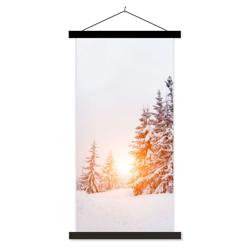 MuchoWow Textilposter Sonne - Bäume - Schnee 40x80 cm mit schwarzem Rahmen - Wandemalerei