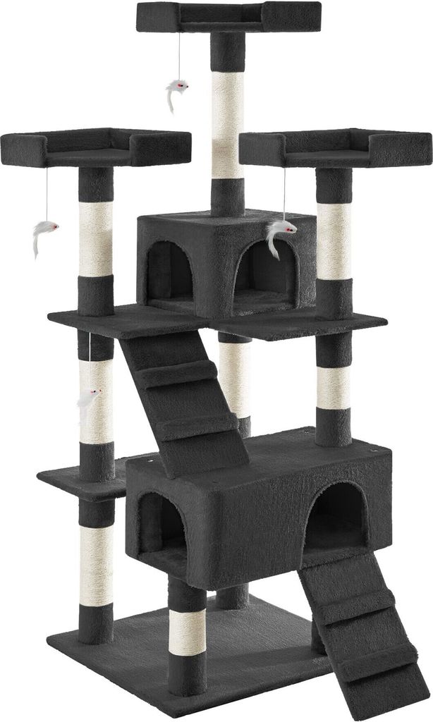 A multi-level cat tree with scratching posts, platforms, and enclosed spaces.