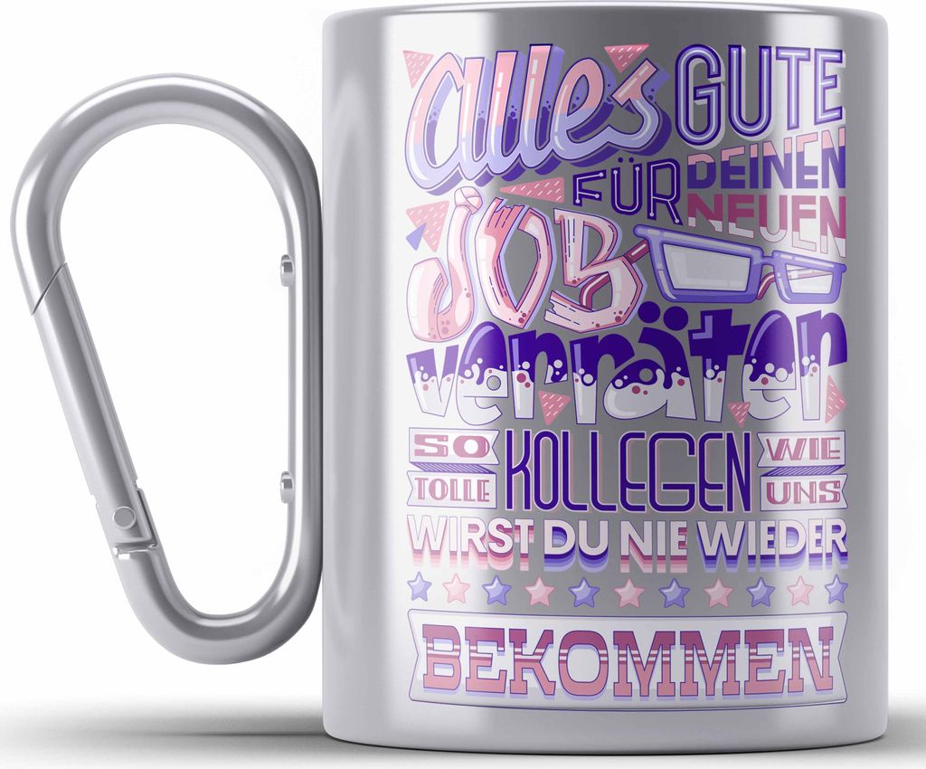 Trendation - Jobwechsel Edelstahl Tasse Karabiner Geschenk Kollege Kollegin Neuer Job Abschied Spruch Verräter Abschiedsgeschenk (Silber)