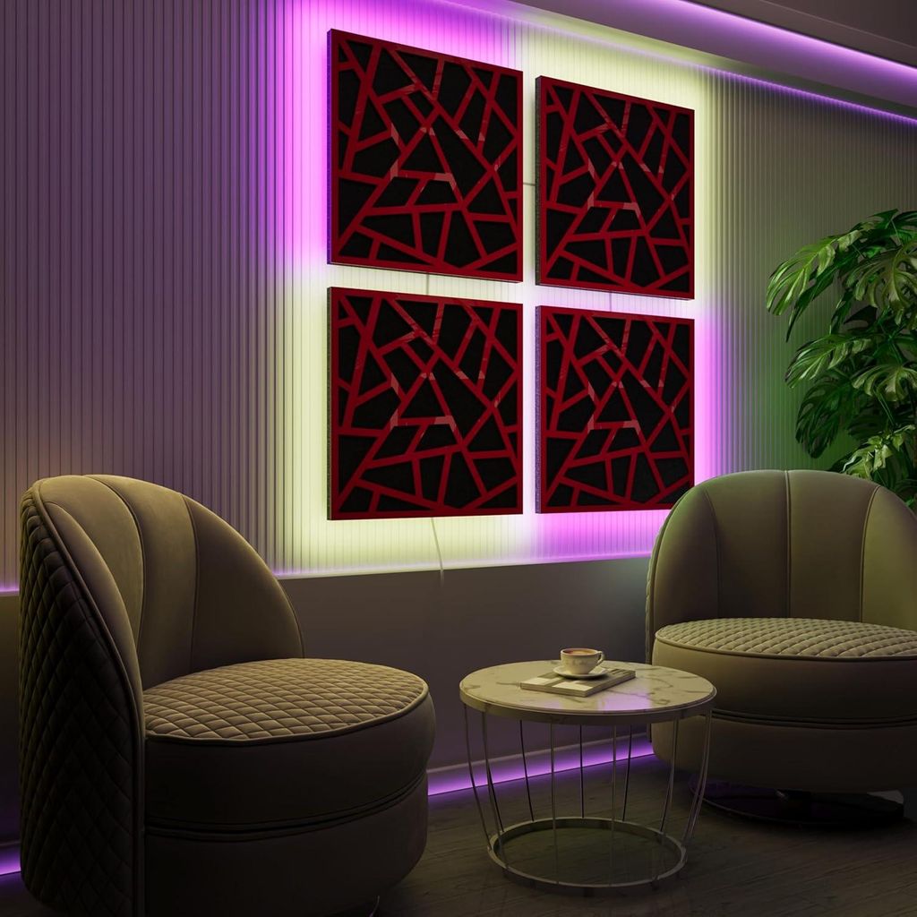 4er-Pack-LED Akustikwandpaneele mit RGB Glow für Echo Control|Schallabsorbierende Paneele mit Backlight|4x SKYROSS-Separat-SQUARE|Roter Kunststoff