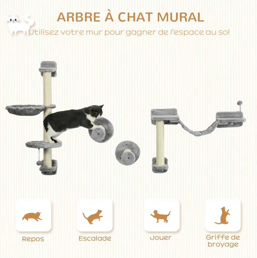 Parcours Mural pour Chat avec Arbre à Chat Suspendu et Hamac Gris