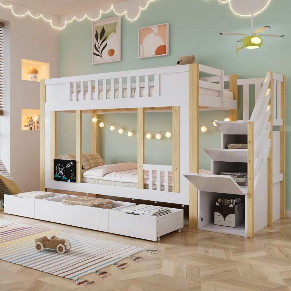 Kinder-Etagenbett mit Treppenschrank und Stauraum, Drei Rollschubladen, Tafel zum Malen, Kiefernholz/MDF, Weiß und Natur, 90x200cm