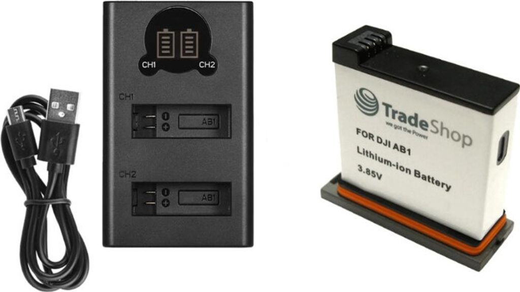 Trade-Shop Akku Ladegerät für DJI Osmo Action AB1, P01 Li-Ion Akkus + 1x Li-Ion Akku 1220mAh - ersetzt DJI 188480 mit KFZ-Adapter / Ladestation