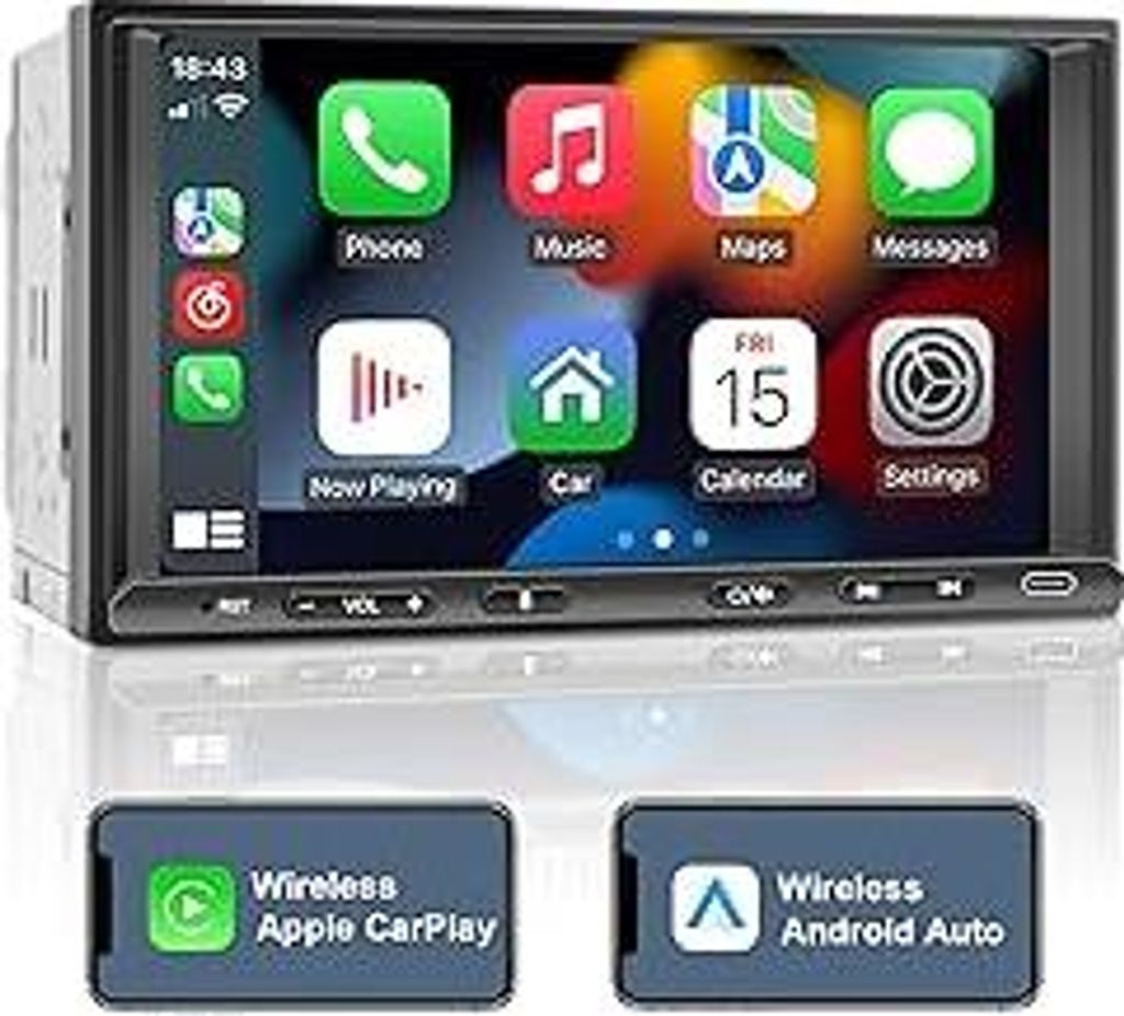 Doppel Din Radio Android mit Wireless CarPlay & Wireless Android Auto, Autoradio mit Navi 7 Zoll Bildschirm, Auto Radio Touch Display mit Bluetooth...