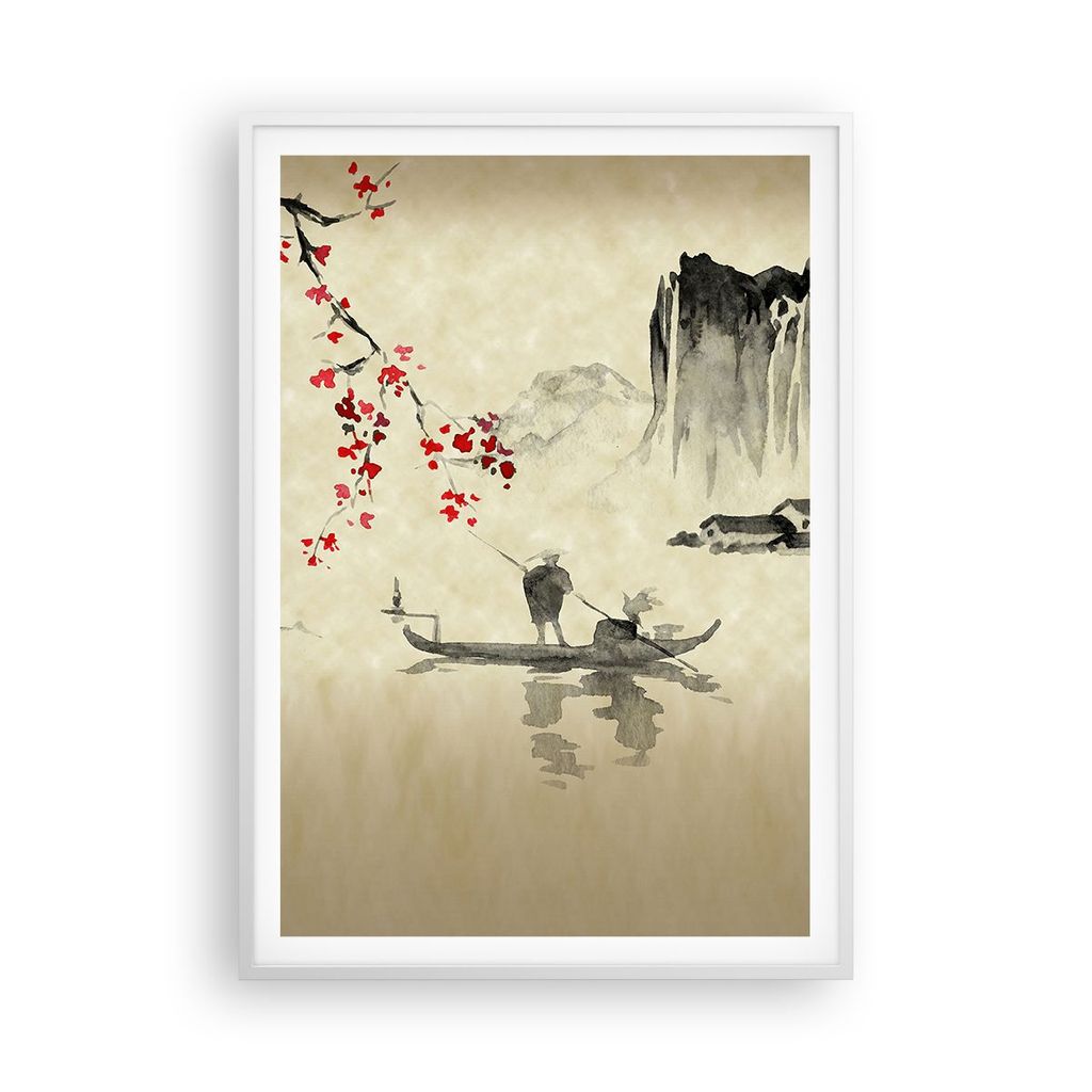 Gerahmtes Poster - Weißer Rahmen - Blume Kirschen Japan - 70x100 cm - Wand Bild - Wanddeko - Wandbilder - Kunstposter - Wandposter - Bilderrahmen ...