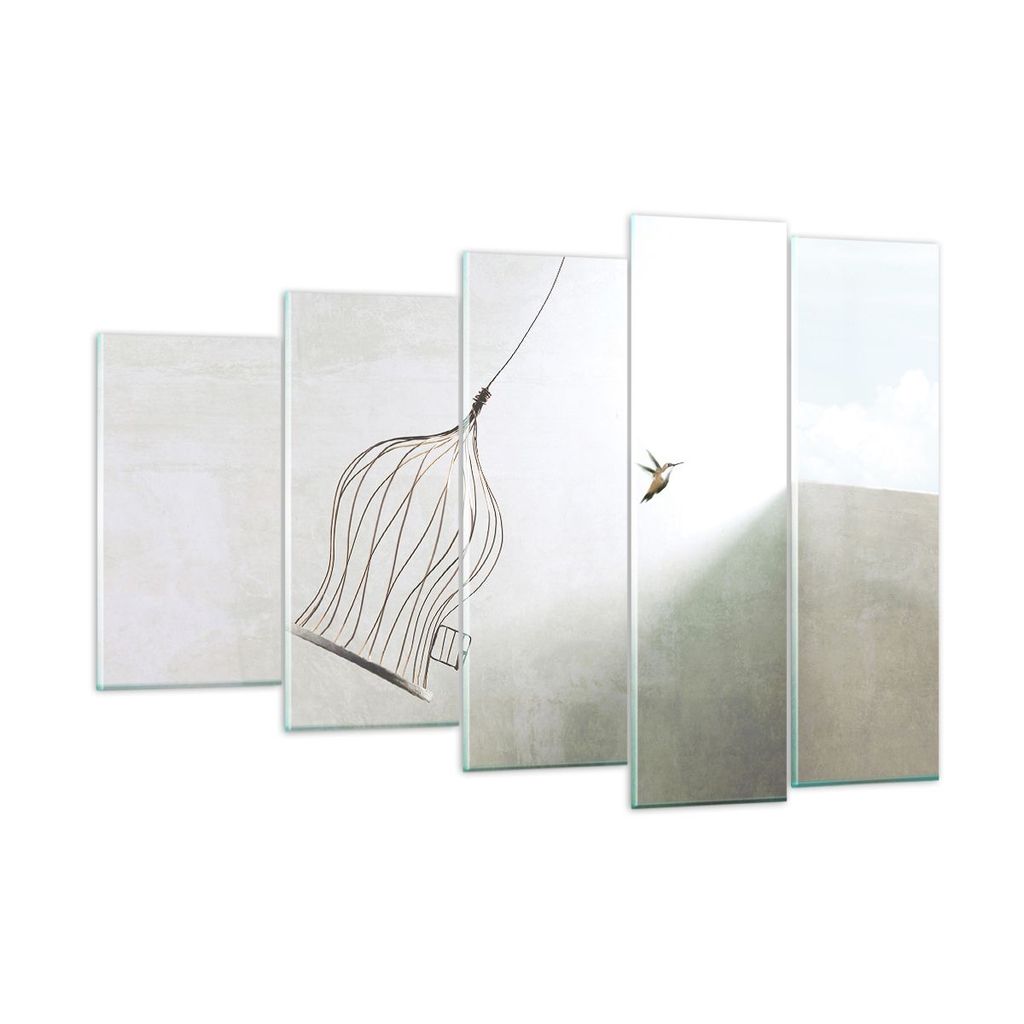 Bilder auf glas - 5 Teile - Flug Vogel Käfig - 150x100cm - Glasbilder - Wandbilder - Bilder - zum Aufhängen bereit - Wanddekoration aus Glas - Gl...