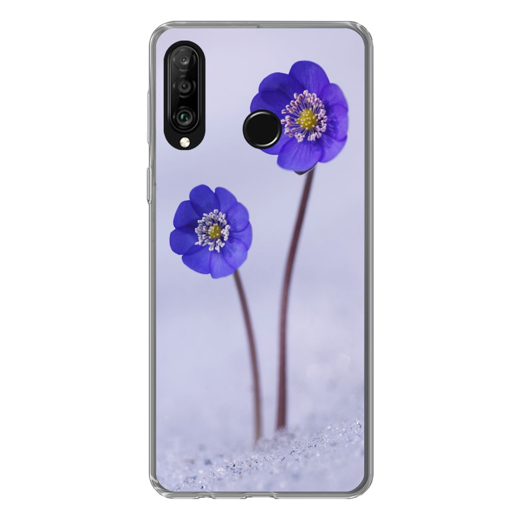 MuchoWow Handyhülle Schutzhülle Hülle für Huawei P30 Lite Blumen - Schnee - Lila Silikon Softcase Handy Hülle - Handyhülle