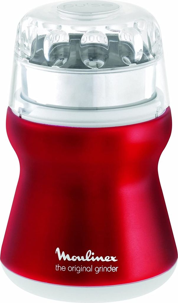 A red electric coffee grinder on a white background.