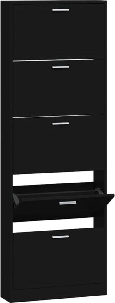 A black shoe cabinet with multiple flip-down drawers.