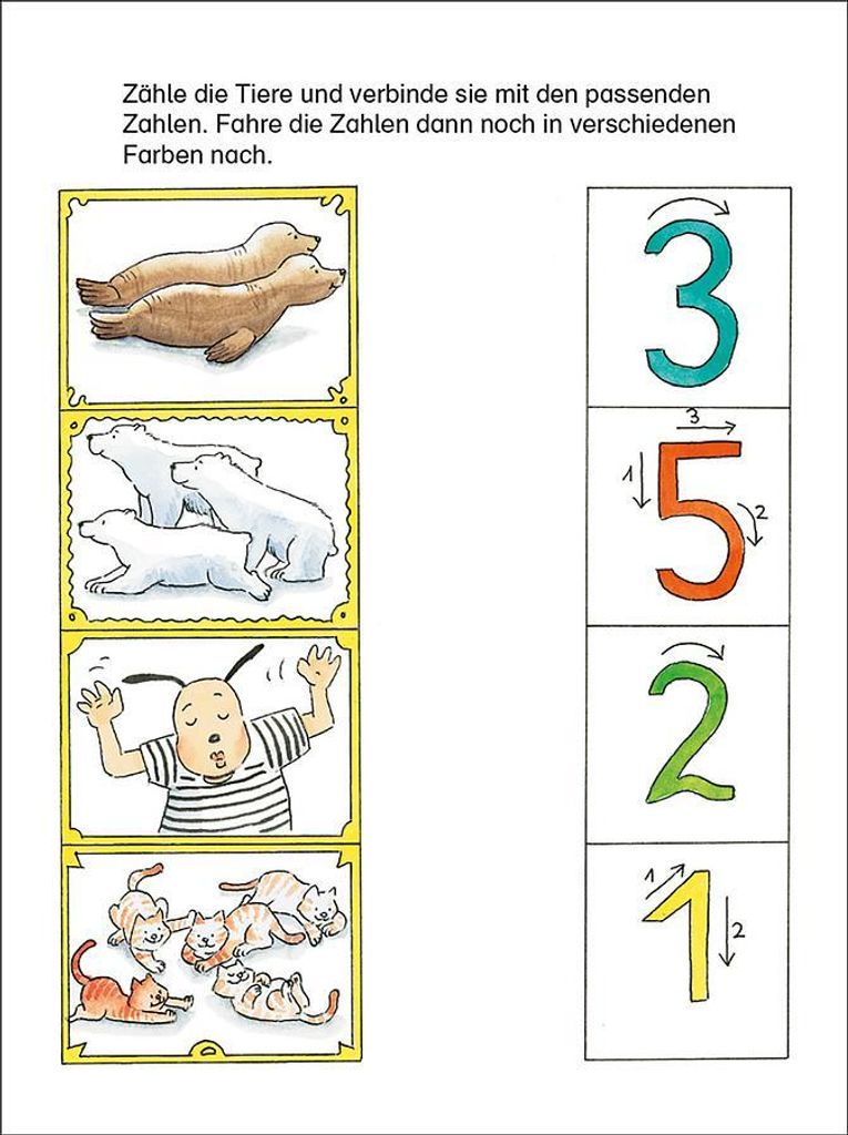 An educational worksheet for children with illustrations of animals and numbers.
