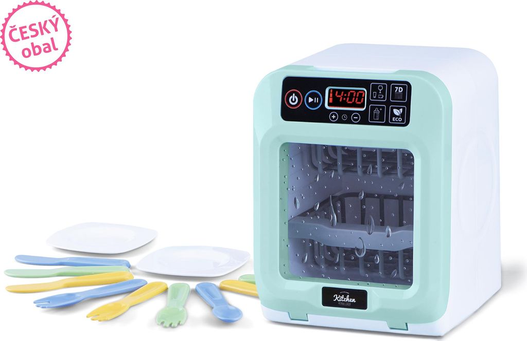A toy dishwasher with accessories, including plates and cutlery, set against a white background.