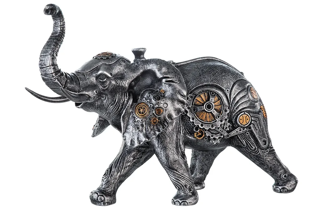 Figurine Éléphant Steampunk Gilde 37041 en résine argentée L28cm H23cm