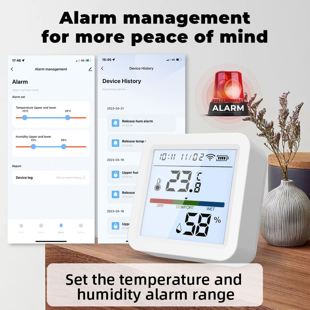 WiFi-Thermometer-Hygrometer, TY-App, intelligentes Thermometer fuer Zuhause, LCD-Hintergrundbeleuchtung mit abnehmbarem Staender, digitaler Tempera...