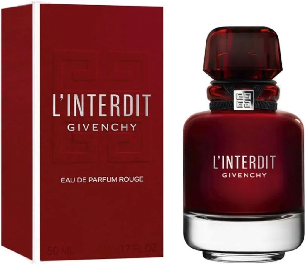 A bottle of Givenchy L'Interdit Rouge Ultime Eau de Parfum and its packaging.