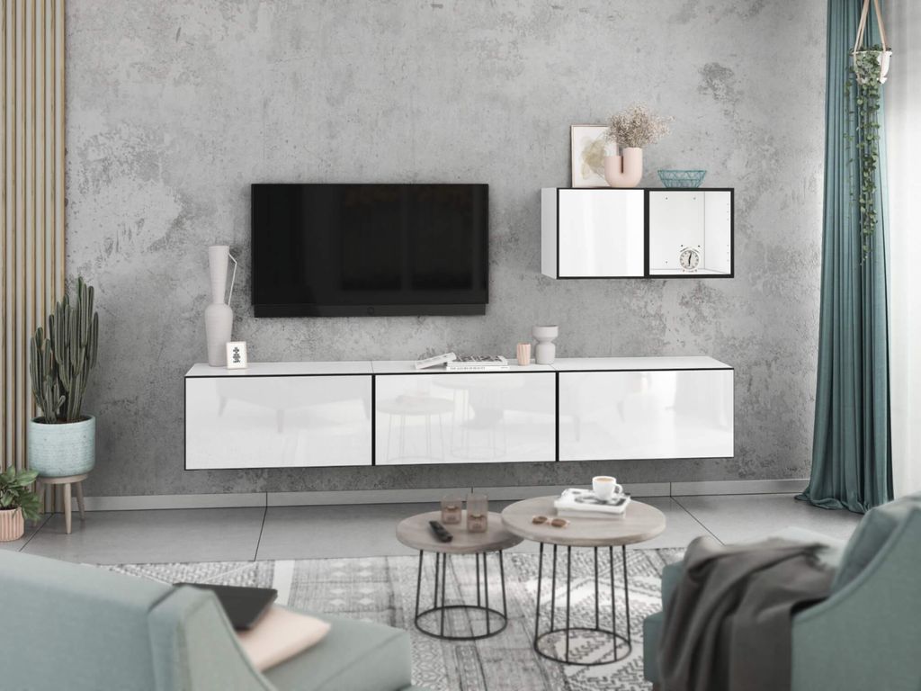 Wohnwand VARIANTO 5 Schrank Set 5 tlg., 228 cm, weiß matt / weiß Hochglanz, Wandhängend, 3 Schränke mit Klappen, 1 Schrank mit Tür und 1 Regal