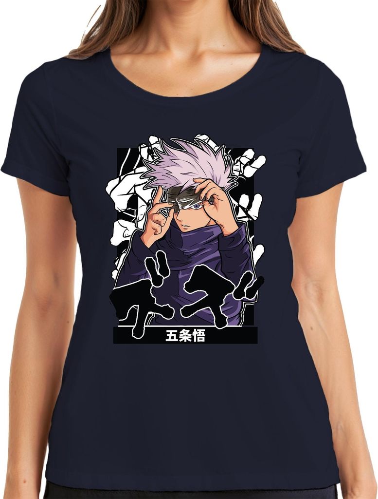 五条悟 Jujutsu Kaisen Satoru Augenbinde weißes Haar Anime Ästhetik Damen T-Shirt, Navy, S